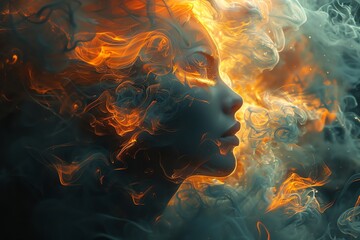 Dreamy abstract portrait of a woman with fiery hair blend into smoke wisps, capturing the essence of mystery and imagination.