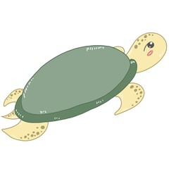 Cartoon sea turtle with dark green shell, brown body, red cheeks.