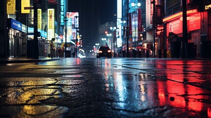 Empty wet city street at night with neon lights reflecting on the pavement, creating a moody and vibrant urban atmosphere.