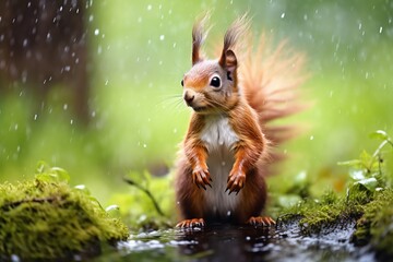 Adorable red squirrel standing on moss during a rain shower in a lush green forest. Perfect for nature and wildlife themes.