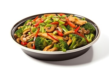 Healthy stir-fry vegetables with mushrooms, broccoli, peppers, and chicken in a black bowl, perfect for a nutritious meal.