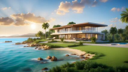 Luxurious beach house with sea views and a large garden in a modern style
