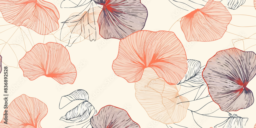 Wall mural seamless line art pattern with poppies, orange, white tones