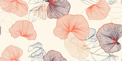 seamless line art pattern with poppies, orange, white tones