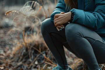 Obraz premium Pain, injury to the knee. A woman holds her knee with her hand.