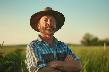 Fototapeta premium Portrait of a rugged farmer with crossed arms in pastureland during the golden hour