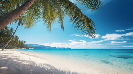 Obraz premium Paysage d'une plage paradisiaque avec feuilles de palmier. Espace vide de composition. Sable fin, océan ou mer. Ciel bleu, soleil. Vacances, été, voyage. Pour conception et création graphique.