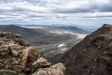 landscape of the surroundings of the village of Kosh Agach mountains with lakes and unusual landscapes in the southern regions of Altai in May