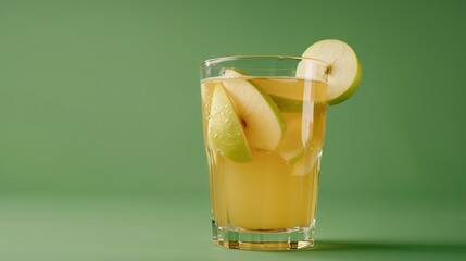 A refreshing glass of apple juice with a few apple slices on a solid green background, showcasing the crisp and natural appeal of the drink.