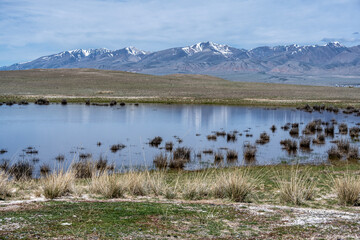 landscape of the surroundings of the village of Kosh Agach mountains with lakes and unusual landscapes in the southern regions of Altai in May