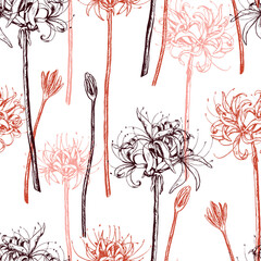 Spider lily flowers vector seamless pattern. Hand drawn exotic plants Lycoris. Vintage floral ornament.