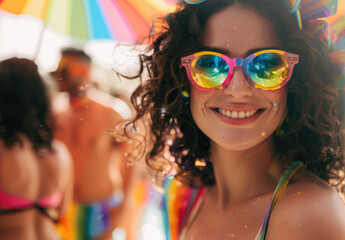 Beautiful smiling woman with curly hair wearing colorful sunglasses at a pool party in summer