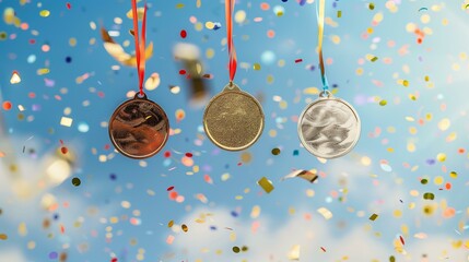 blank, polished shiny bronz silver and gold medals floating in the sky with colorful confetti