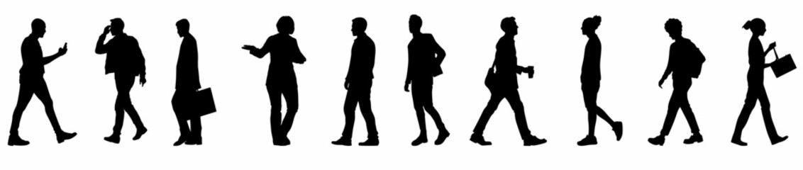 Silhouette of business people walking with hand bags, men and women in full length and side view. Vector silhouette illustration isolated of businesspeople on white background