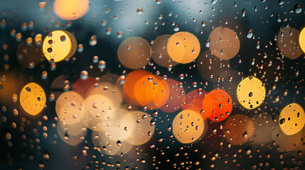 Blurred lights in raindrops on glass, water droplets bokeh, urban night atmosphere. Raindrops on a window with a cityscape in the background. Raindrops blur city lights and create a sense of isolation