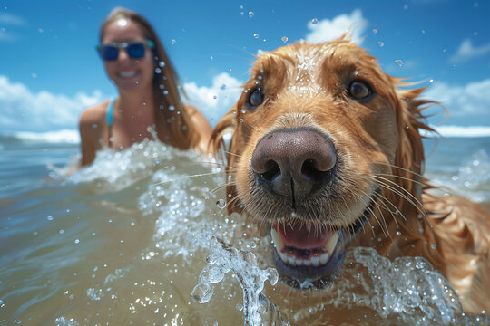 A woman with her Golden Retriever pet enjoying a bath at the beach. Young woman and her dog enjoying together. Concept of pet companionship and outdoor activities.