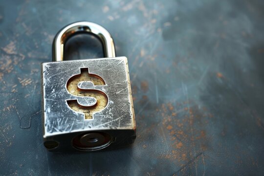 Cadenas en m&eacute;tal avec symbole dollar sur fond bleu textur&eacute;