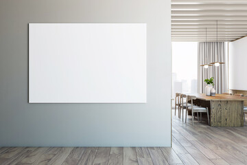 A large blank white canvas on a wall in a stylish dining room background, concept of interior design. 3D Rendering