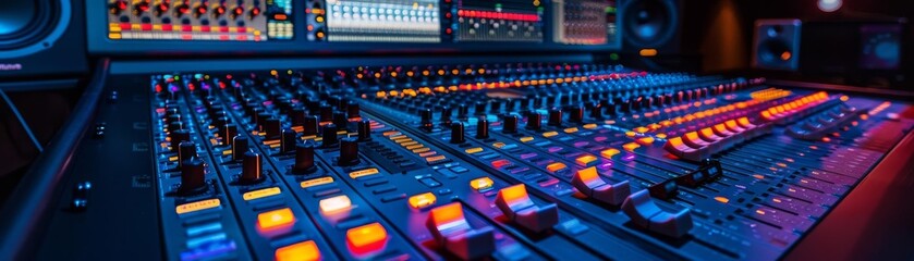 High Fidelity Production A sound engineers workspace highlighted by a sophisticated mixing console, capturing the essence of modern music production