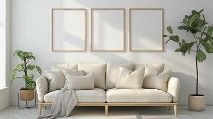 Multi frame mockup, home room interior with sofa, framed wall poster