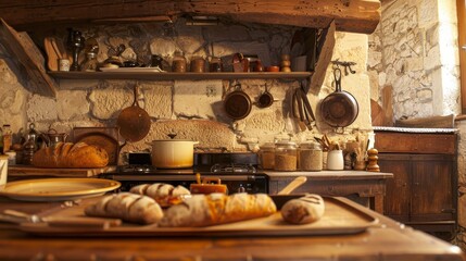 Fototapeta premium A rustic farmhouse kitchen with a pot of beans on the stove generated by AI