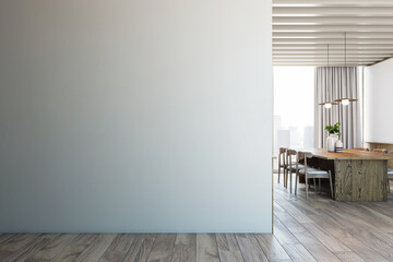 Modern dining room interior with wooden furniture, an empty gray wall, and a large window, on a cityscape background, concept of minimalist design. 3D Rendering