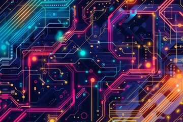 Obraz premium Vibrant abstract technology background featuring a colorful circuit board design with neon lights, representing digital innovation and futuristic tech.