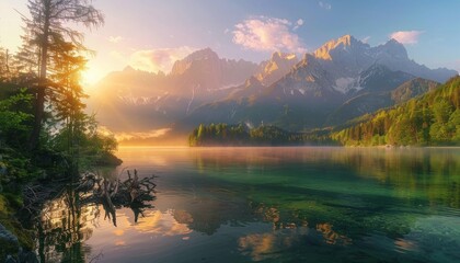 Summer sunrise over Eibsee lake, golden glow Zugspitze mountain range in Bavarian Alps, Germany