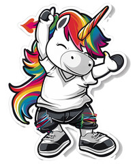 This kawaii dancing unicorn sticker sports a rainbow mane and tail, epitomizing LGBT or LSBTIQ culture and joyfulness