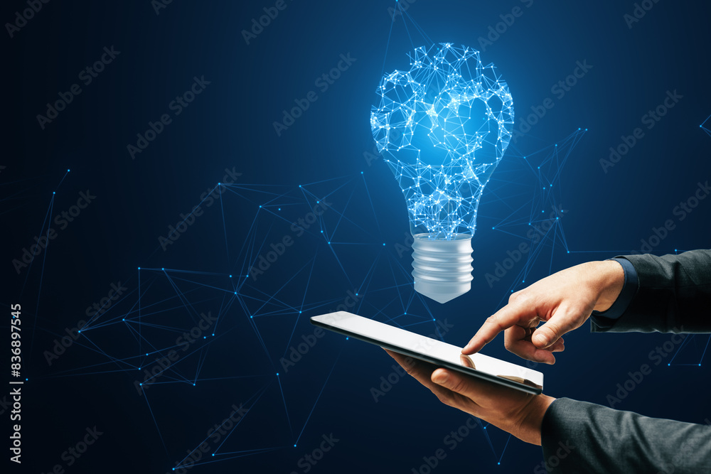 Aufkleber A digital light bulb with a brain pattern above a tablet, symbolizing innovation on a dark blue network background