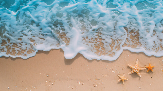 Top view of Summer tropical seascape beach nature background with beautiful waves and star fish