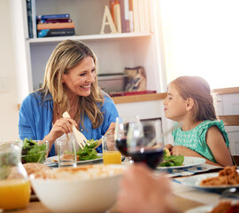 Happy family, food or mother and daughter in house for lunch, conversation and bonding with organic...