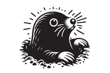 A cute little mole peeks out from a hole. vintage engraving illustration, icon, logo. isolated object. Print hand drawn