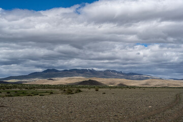 andscape of the surroundings of the village of Kosh Agach mountains with lakes and unusual landscapes in the southern regions of Altai in May