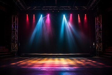 Modern dance stage light background with spotlight illuminated the stage for dance performance. Stage lighting. Empty stage with naturalistic colors lighting backdrop decoration. Entertainment show.