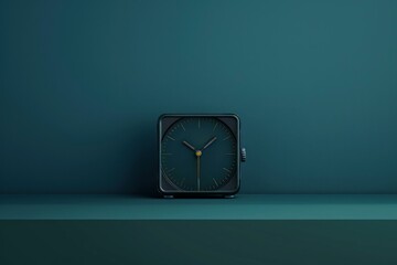 Minimalist black wall clock against a dark teal background with copyspace
