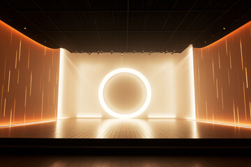Modern dance stage light background with spotlight illuminated for modern dance production stage. Empty stage with warm whites light color. Stage lighting art design. Entertainment show stage.