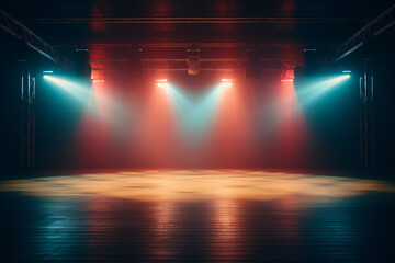 Theater stage light background with spotlight illuminated stage for opera performance. Stage lighting. Empty stage with shifts in color temperature lighting backdrop decoration. Entertainment show.