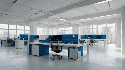 Modern white and blue open space office interior.