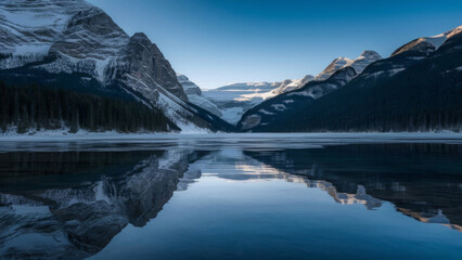 Fototapeta premium An untouched icy lake reflecting high snowy mountains.