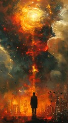 A lone figure gazes up at a celestial phenomenon, with fiery colors and dramatic lights illuminating the night sky.