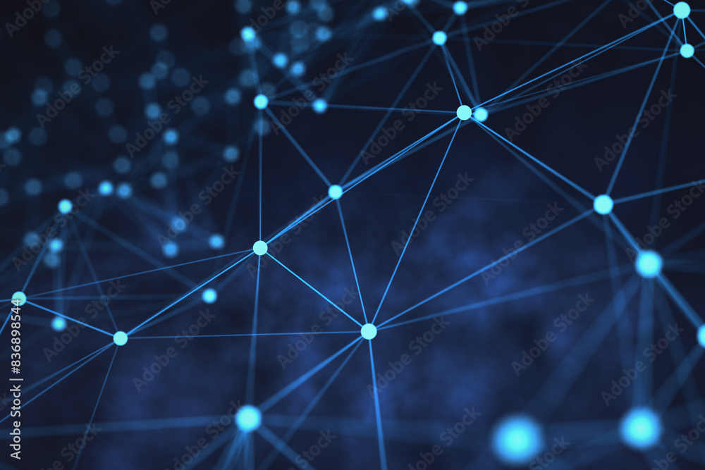 Poster Abstract network of dots and lines on a dark blue background illustrating the concept of connection. 3D Rendering