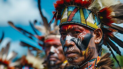 Fototapeta premium Traditional Tribal Ceremony. A realistic photo of a traditional tribal ceremony deep in the forest, members of the tribe dressed in colorful traditional attire, performing rituals, the atmosphere fill