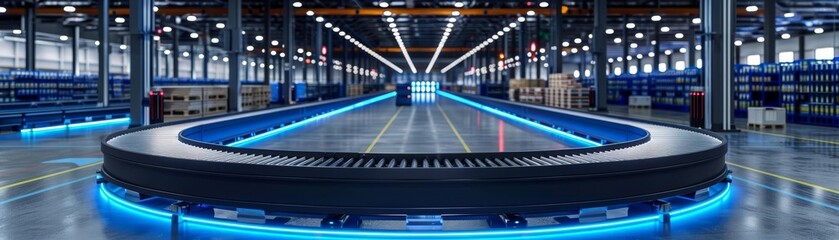 Fototapeta premium Modern automated warehouse interior, conveyor belts with smart technology and blue neon lights guiding the flow