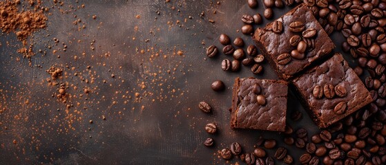 Obraz premium Espresso Brownie Sweet Dessert with Rich Chocolate and Coffee Flavor on Rustic Dark Brown Background