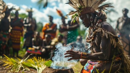 Traditional Tribal Ceremony. A realistic photo of a traditional tribal ceremony deep in the forest, members of the tribe dressed in colorful traditional attire, performing rituals, the atmosphere fill
