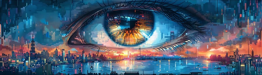 Surreal cityscape merging with a futuristic eye, blending urban landscape with abstract art in a vibrant sunset scene.