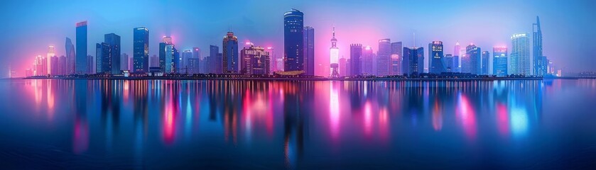 Fototapeta premium Neonlit future city, ethereal skyline reflected in tranquil waters, modern marvel of urban planning and design