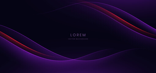 Abstract technology futuristic curved glowing purple and red light lines with speed motion blur effect on dark background.