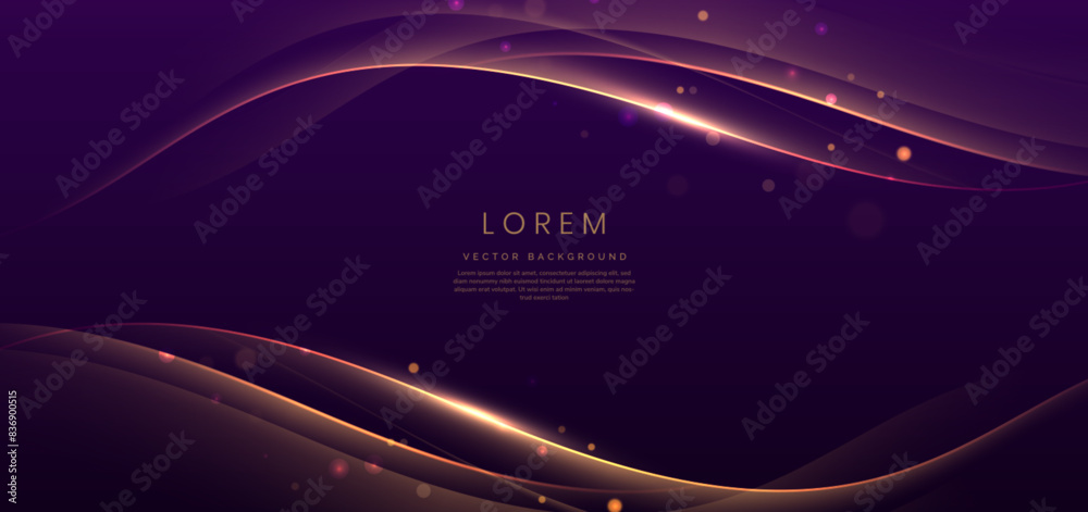 Wall mural luxury curve golden lines on dark purple background with lighting effect copy space for text. luxury